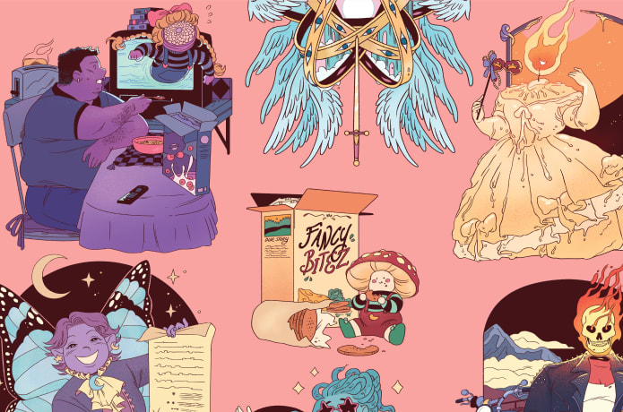A variety of guests by Val Wise (from top left — Max Levy & Little Smiling Suzy, Arariel, the Candle Princess, Alex Dullaghan, E. Vermi Boletus, Demi Gorgone, and Monday the Fairy Dream Merchant)