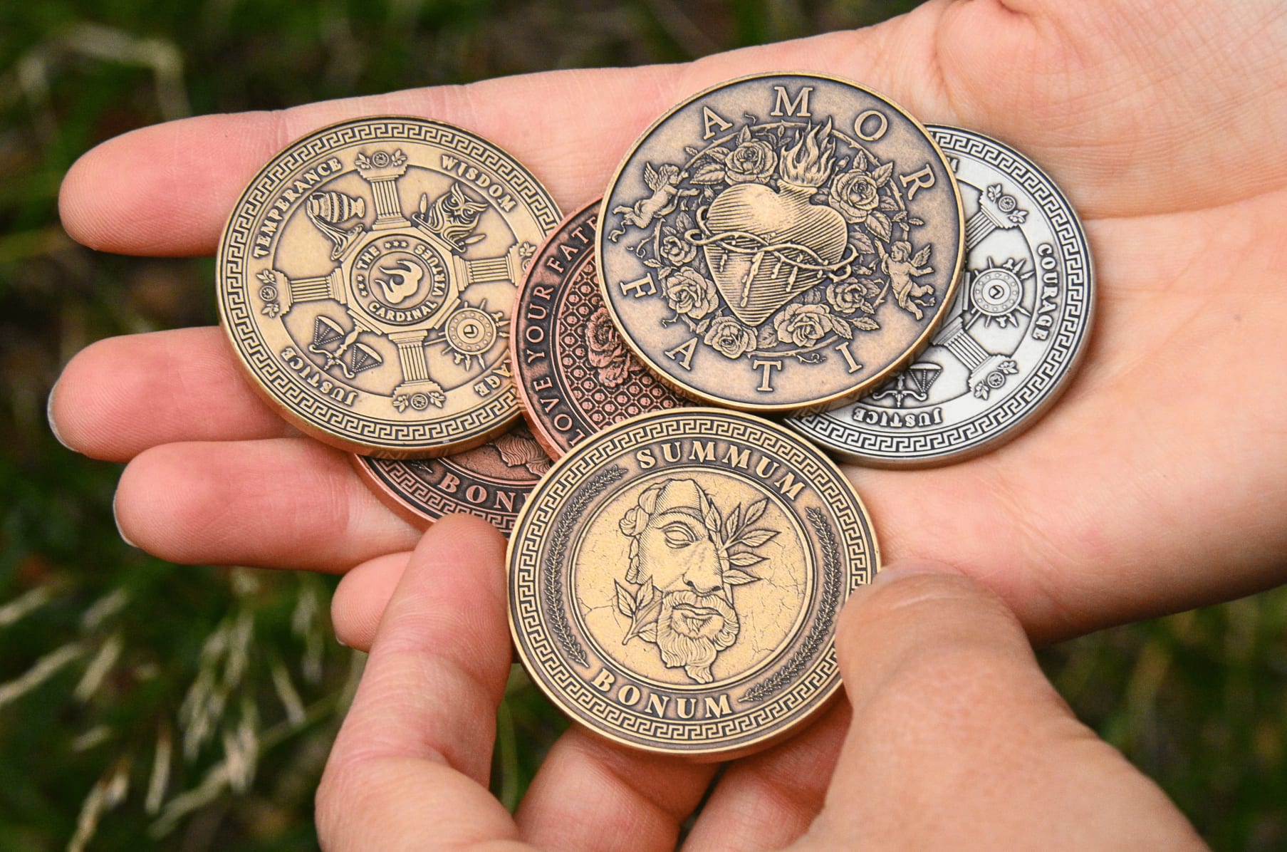 Nickel Stoic/Stoicism Pair of MEMENTO MORI/VIVERE Reminder Coins Antique Gold 
